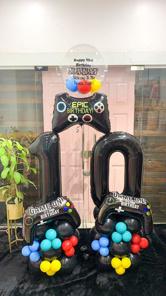 Black Number Balloon on Stand '10' with Game Controller accents and Personalize Clear with Mini Latex Yellow and Red, Customize Sticker and Helium Game Contoller – Customizable Design