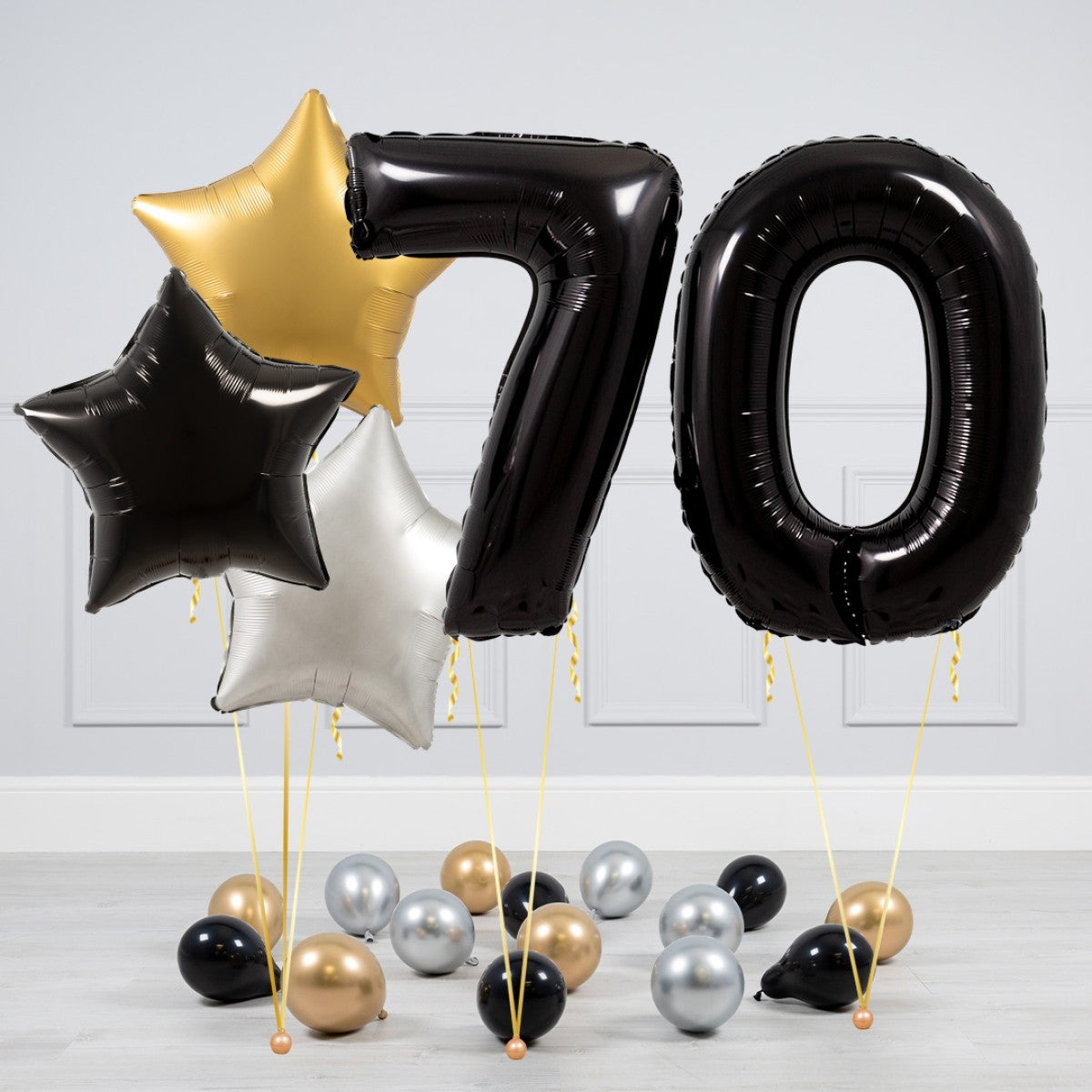 Helium Black Two Number Set Balloon - Gold, Black and White Stars with Mini Balloons