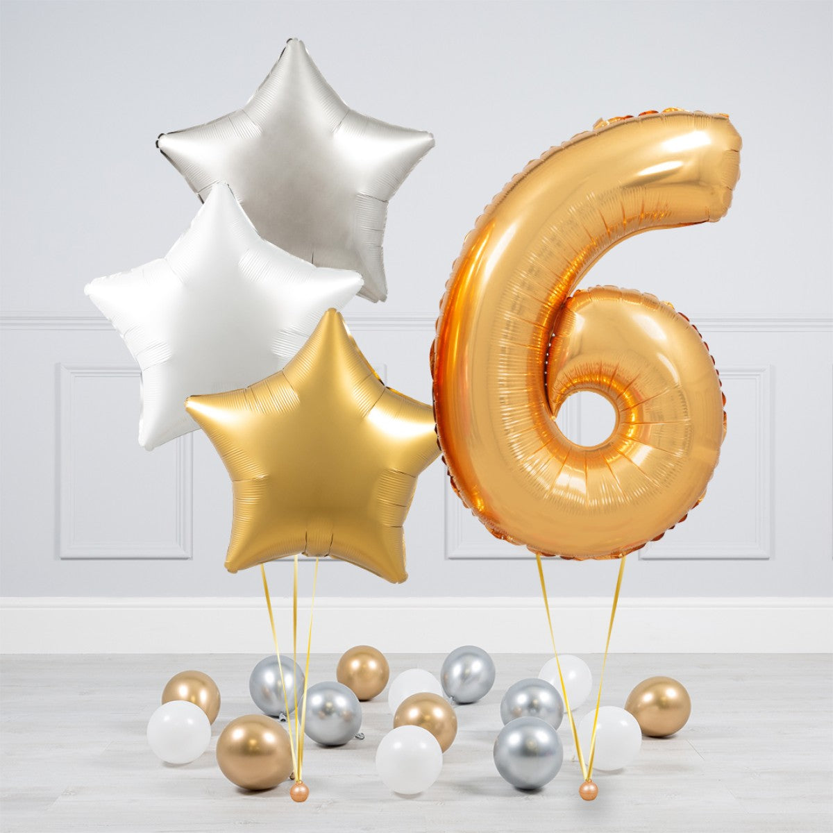 Helium Gold Single Number Set Balloon - Silver, White and Gold Stars with Mini Balloons