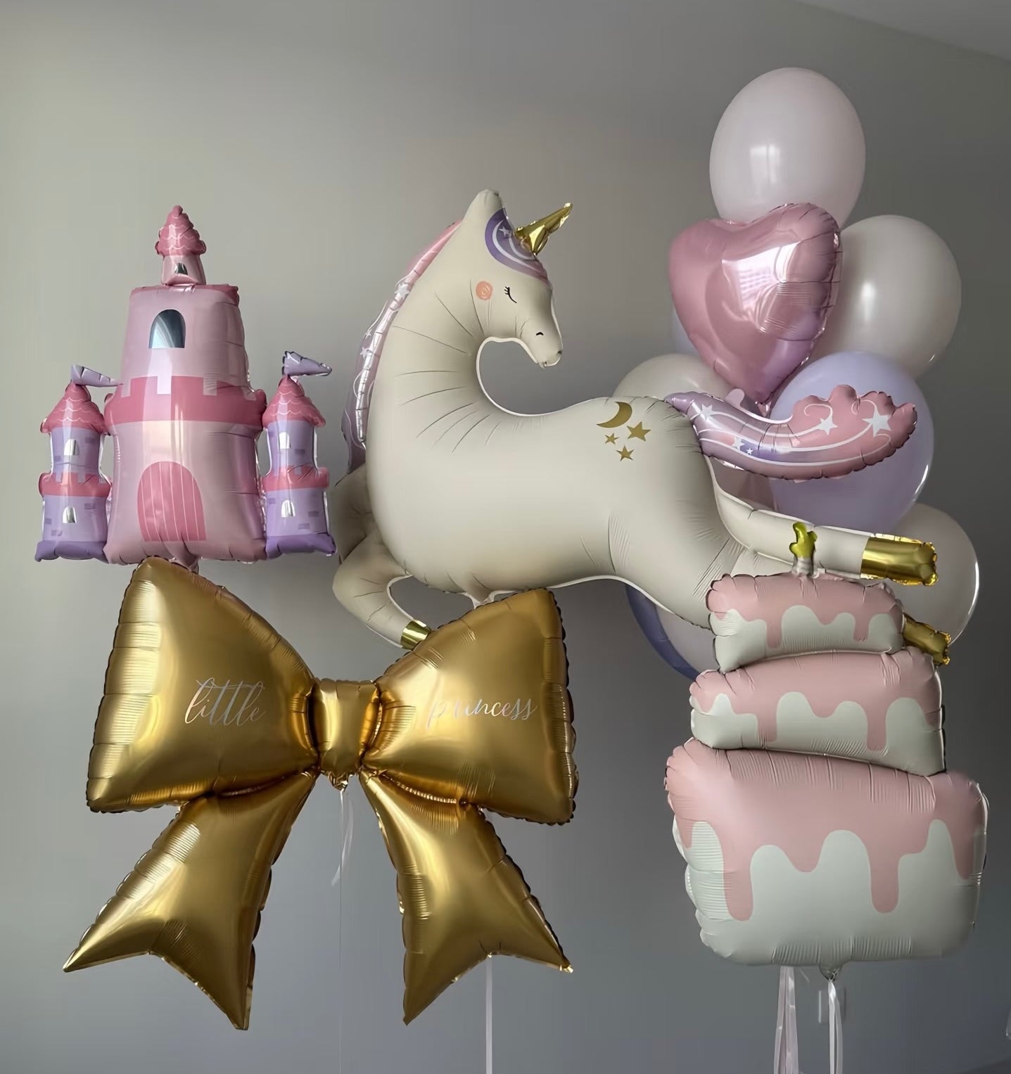 Unicorn Theme Gold Bow with Customize Sticker Castle Cake Heart Latex Beige Purple Helium Bunch - Perfect for birthday ocassion!