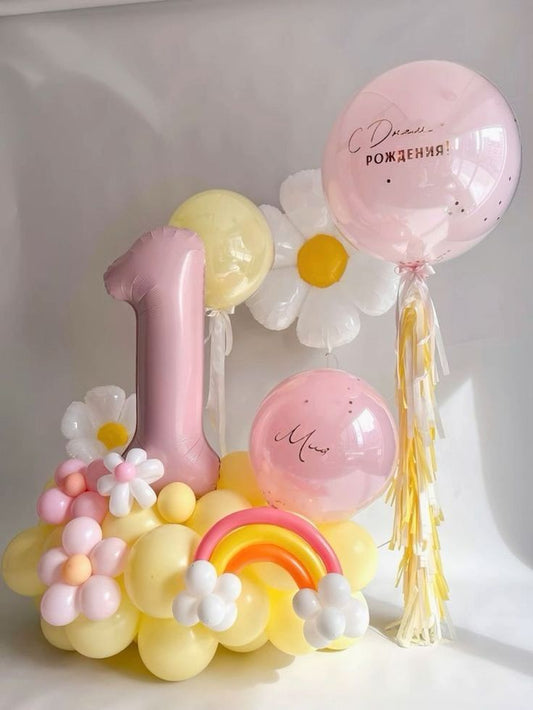 Platform Pink Number '1' with Clear and Pink Latex with Customize Sticker, Flowers, Latex White, Pink and Yellow and Personalised Clear with Yellow Pink and Tassels - Fairy-Themed Garden-Themed Perfect for any Occasions