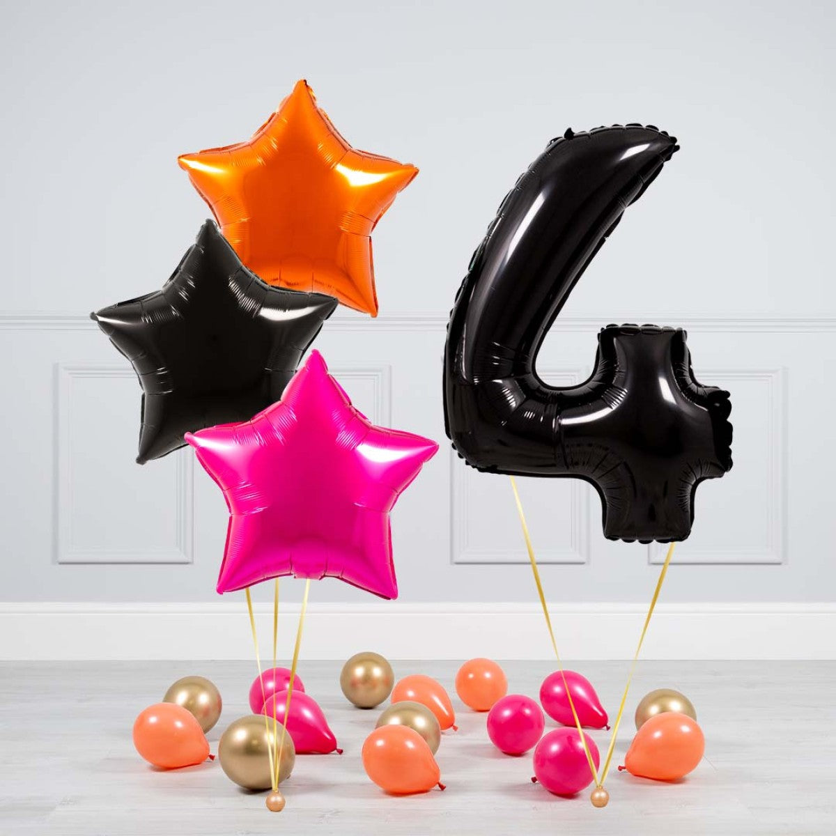 Helium Black Single Number Set Balloon - Orange, Black and Pink Star with Mini Balloons