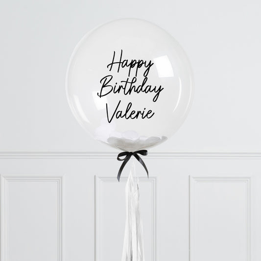 Personalised Helium Balloon Retro White & Black Ribbon Helium Bubble Balloon Elevate Your Celebration with Our Stunning Helium Bubble Balloon Bouquet