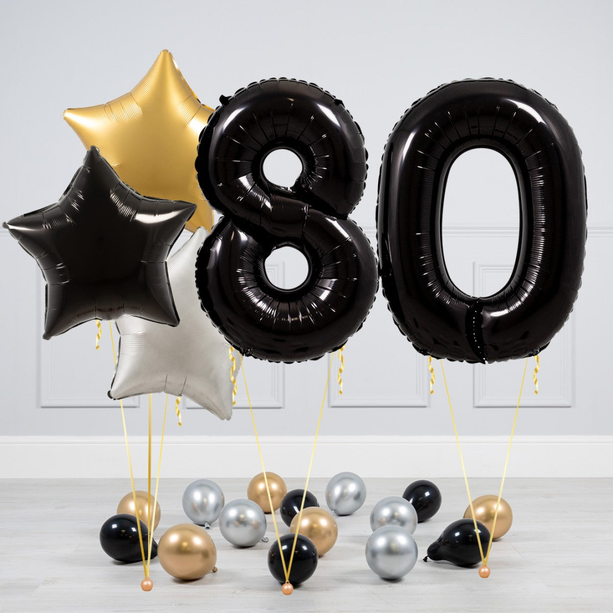 Helium Black Two Number Set Balloon - Gold, Black and White Stars with Mini Balloons