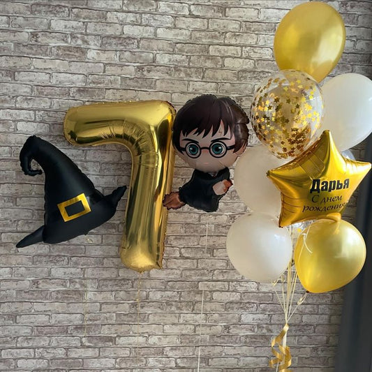Helium Balloon Single Number Set of Gold Number ‘7’ Balloon, Harry Potter Character, Witch Hat and Gold Star with Customize Sticker with Latex Helium Bunch White, Gold and Clear with Confetti - Harry Potter-Themed Perfect for any Occasions