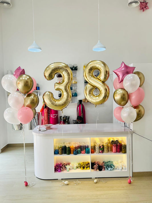 Helium Gold Two Number Set Balloon with Pink Stars and Gold, Pink and White Latex