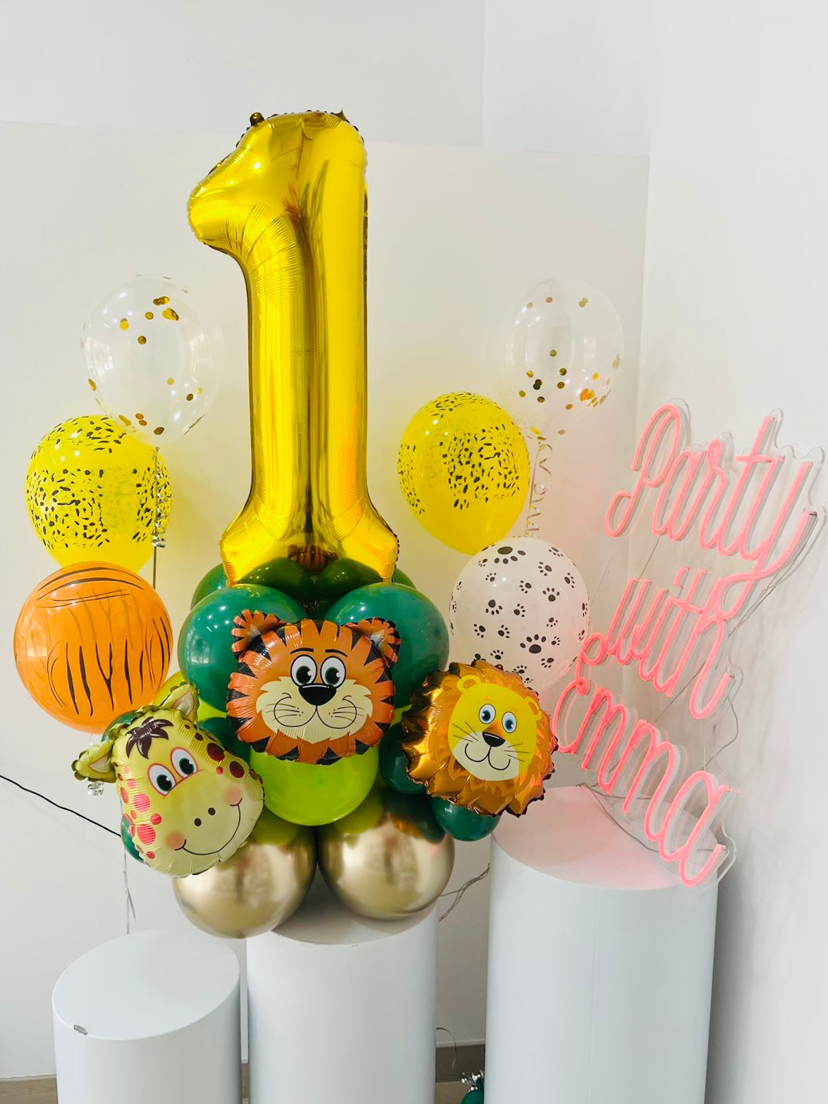 Number Balloon on Stand '1' Safari-Themed with Helium Animal Print Foil Accents