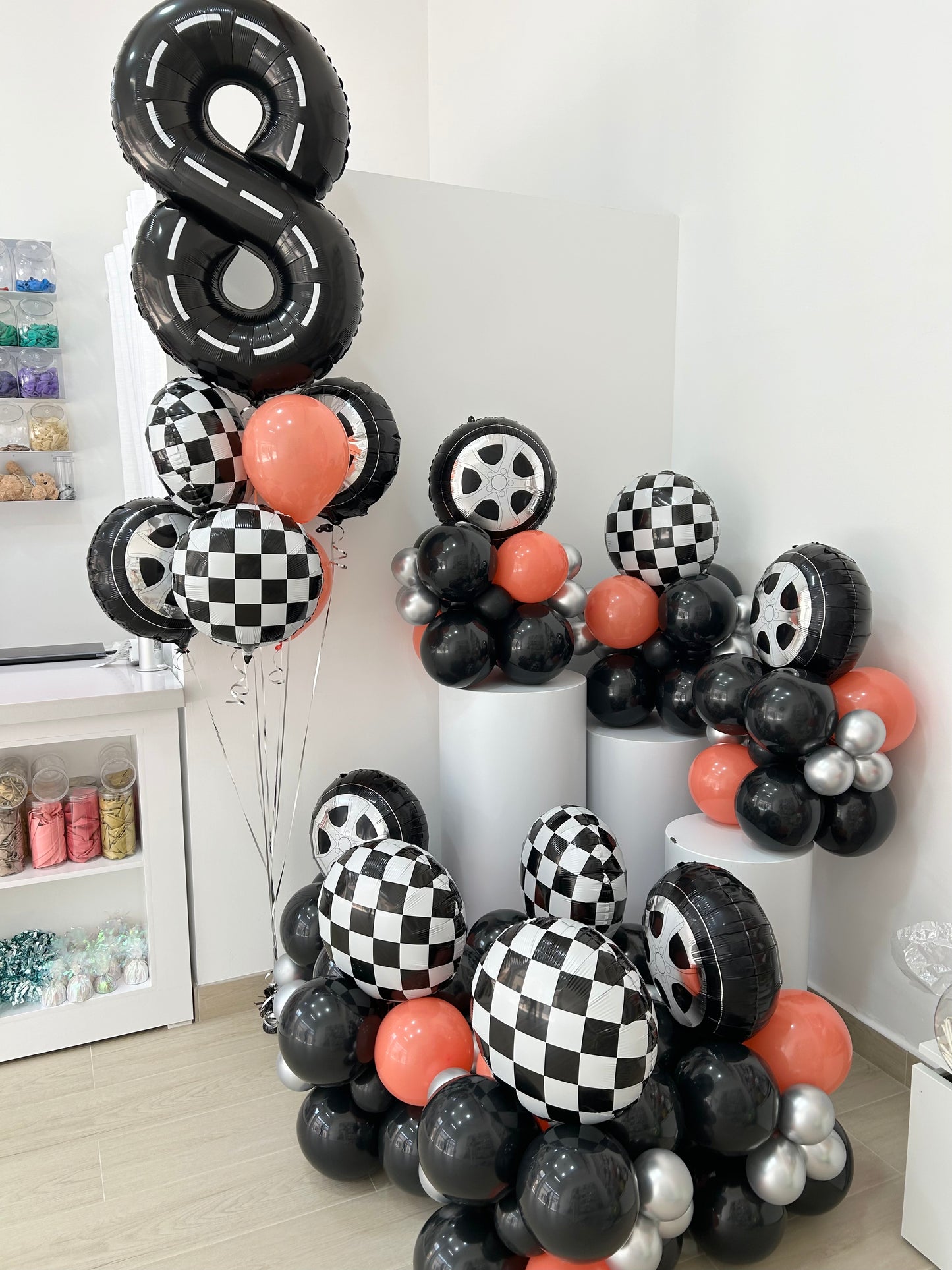 F1 Racing Car Black Tier Wheel Theme Kids Birthday Decoration decoration Helium Balloon Bouquet White Black Orange