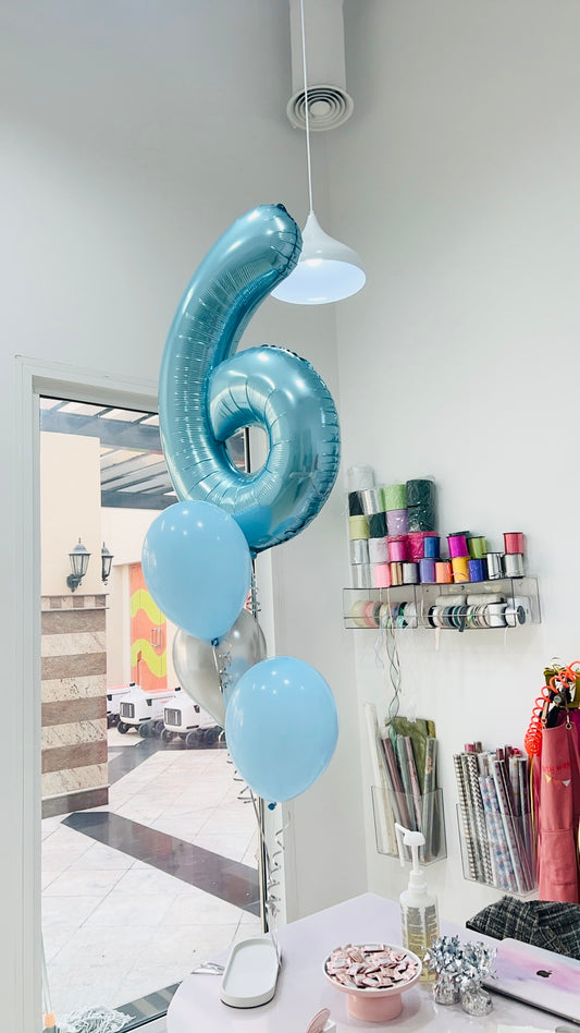 Helium Blue Single Number Set Balloon with Blue and Silver Latex