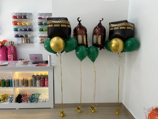 Kaaba Hajj Eid Mubarak Ramadan Helium Balloon with Green and Gold Latex Balloons