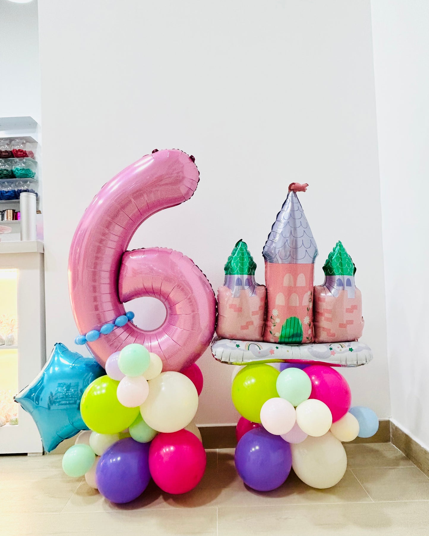 Number Balloon on Stand '6' with Princess Dream Castle Home and Star Accents