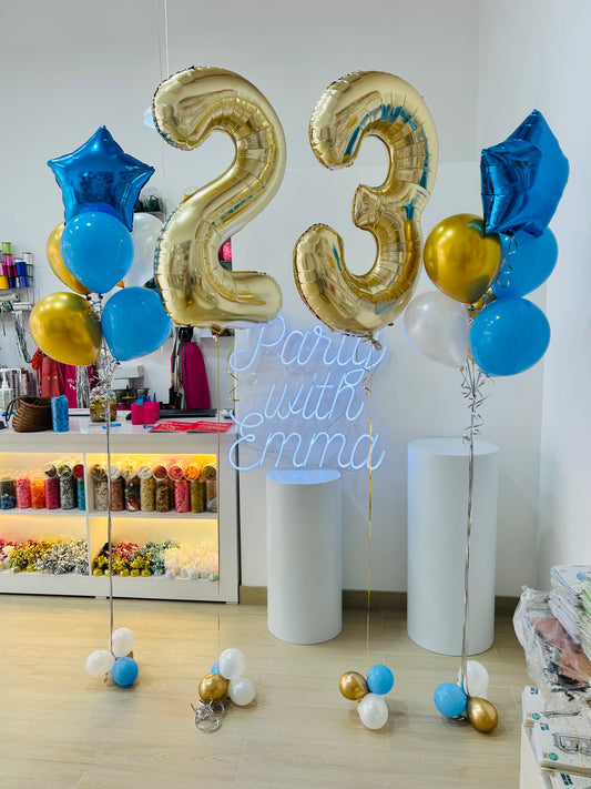 Helium Gold Two Number Set Balloon with Blue Stars and White, Blue and Gold Latex with Mini Balloon Accents