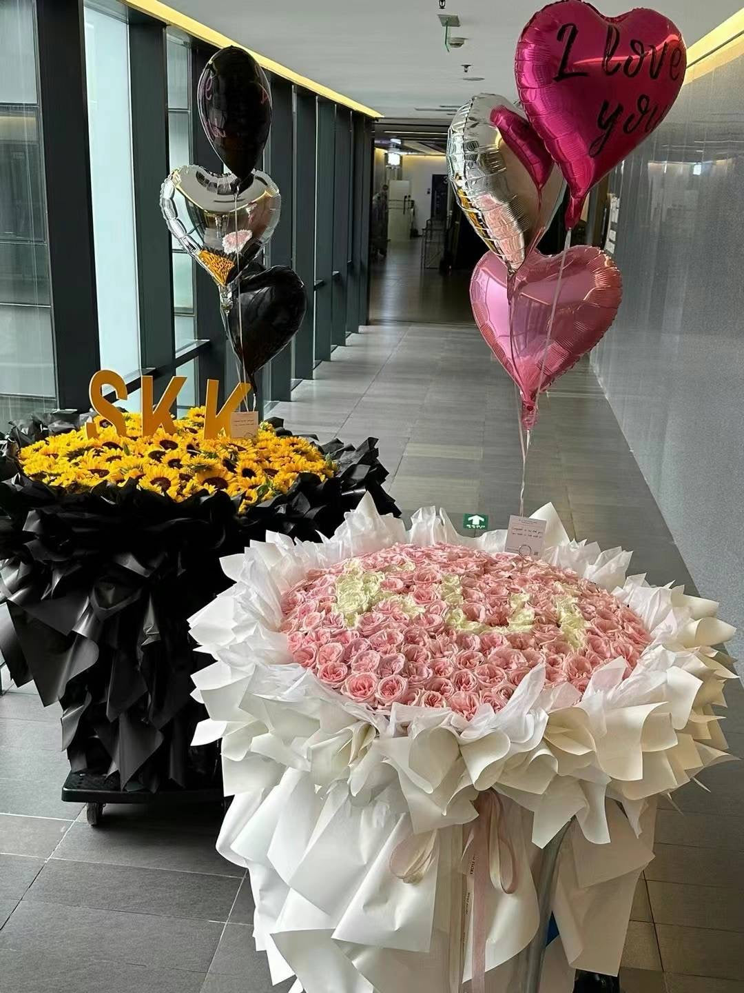 Surprise Gift Propose Marry Me or Celebrate an Anniversary Two Large Bouquets of Flowers with Heart-Shaped Helium Balloons Express Your Love