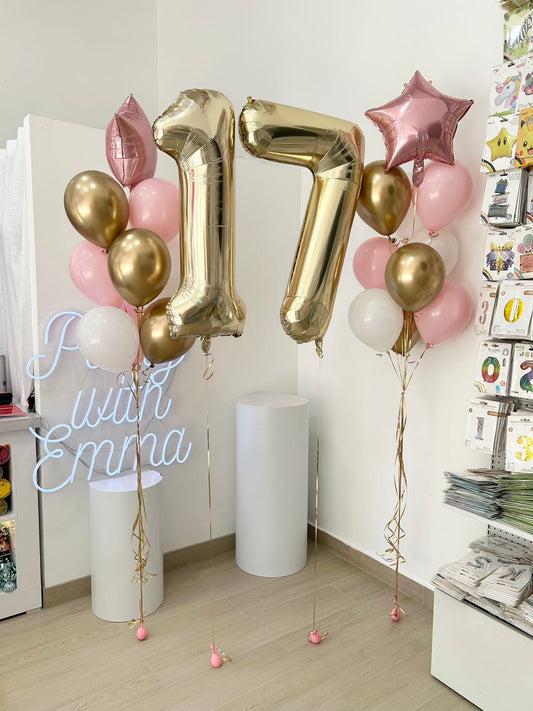 Helium Gold Two Number Set Balloon - Pink Stars with Gold, Pink and White Latex Balloons