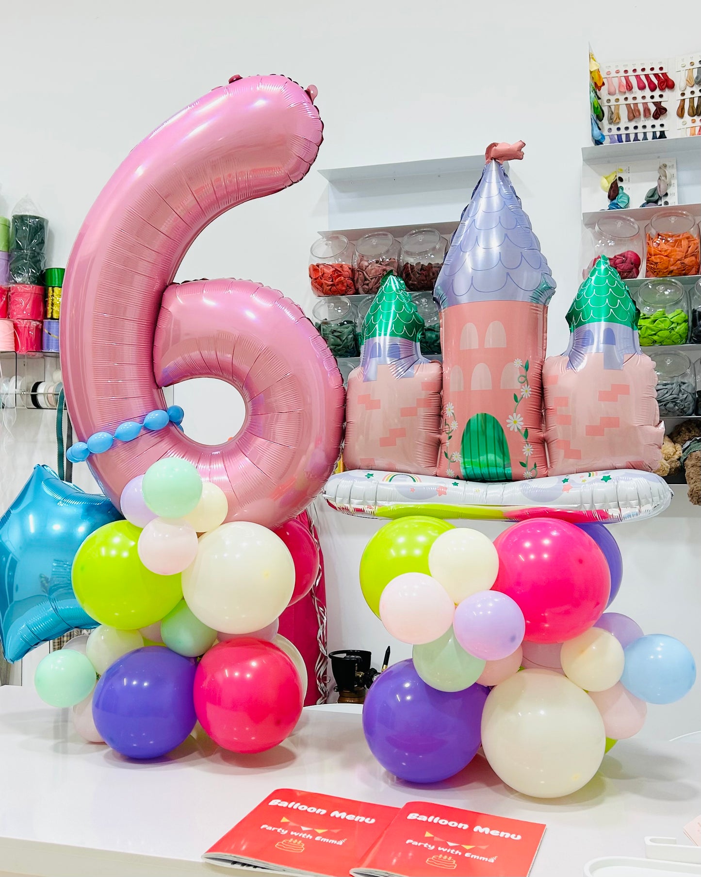 Number Balloon on Stand '6' with Princess Dream Castle Home and Star Accents