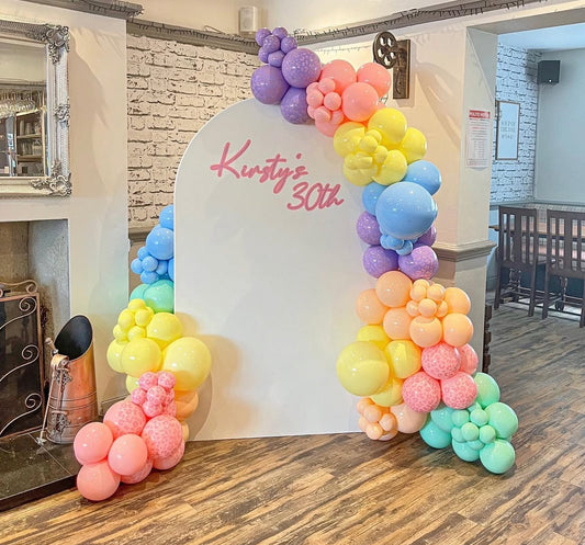 Customize Backdrop with Organic Balloon Garland Arrangement Purple, Pink, Yellow, Blue, Green and Peach - Perfect for special occasion