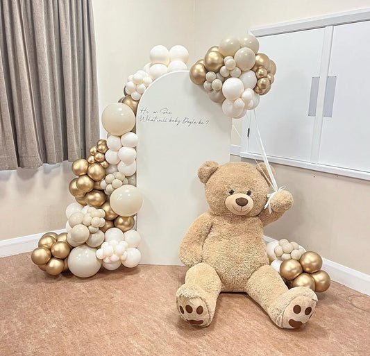 Customizable Backdrop with Teddy Bear and Balloon Beige, White and Light Gold Decor - Perfect for special occasions