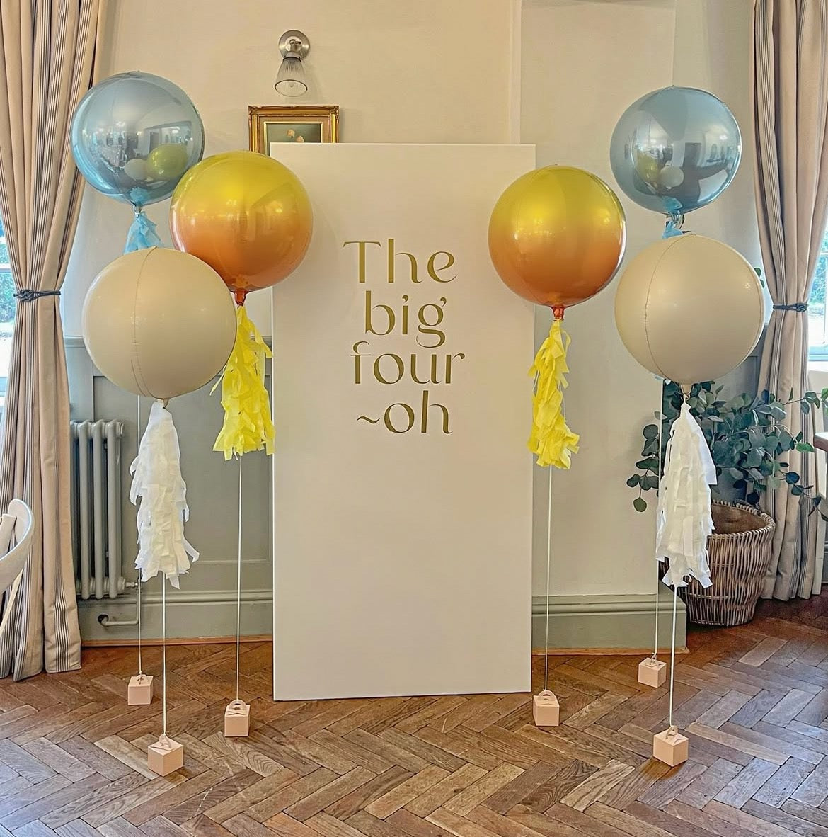 Customize Backdrop with Orbs Blue, Ombre and Beige Helium Balloons with Tassels - Perfect for special occasion