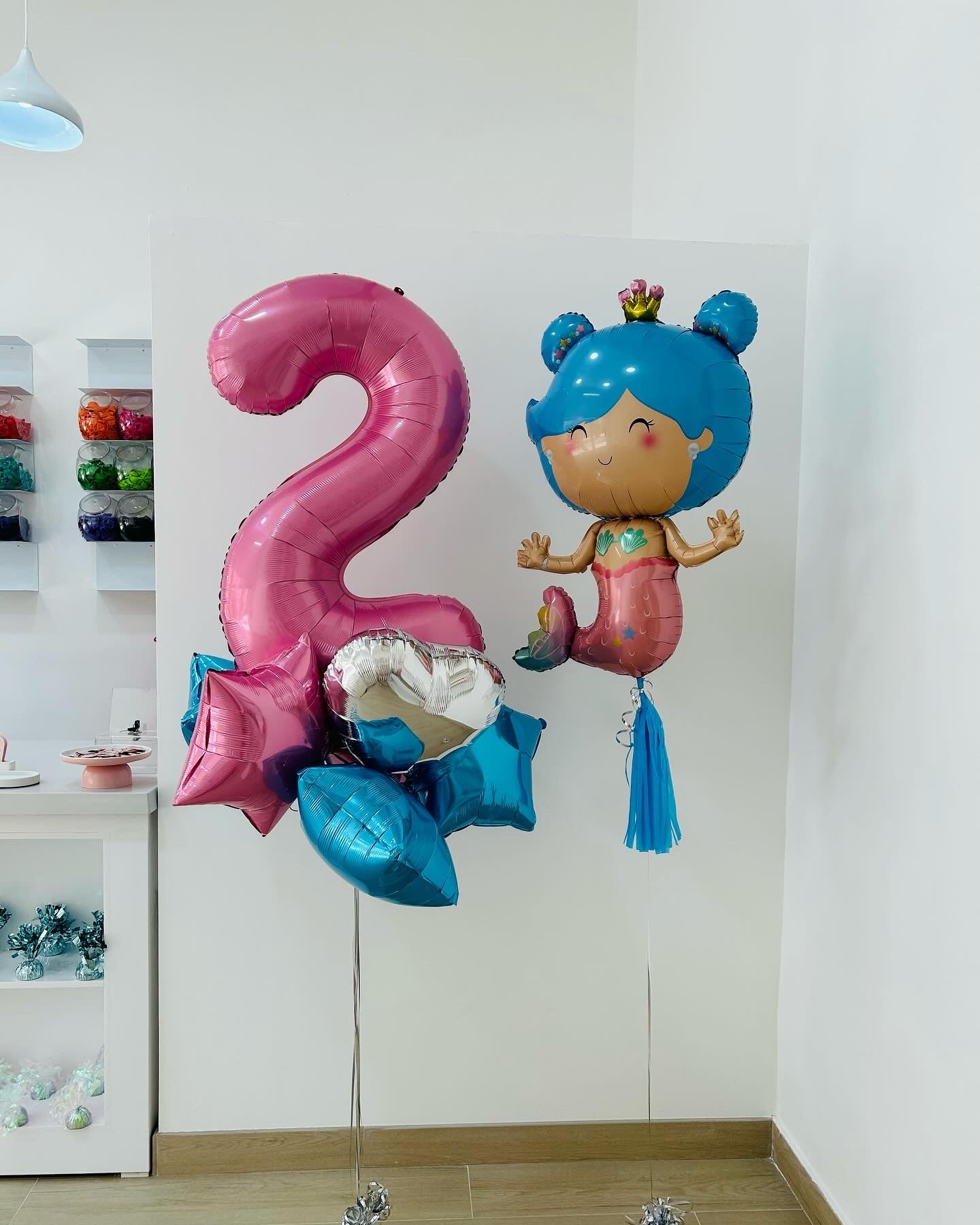 Helium Pink Single Number Set Balloons with Mermaid and Stars (Mermaid-Themed)