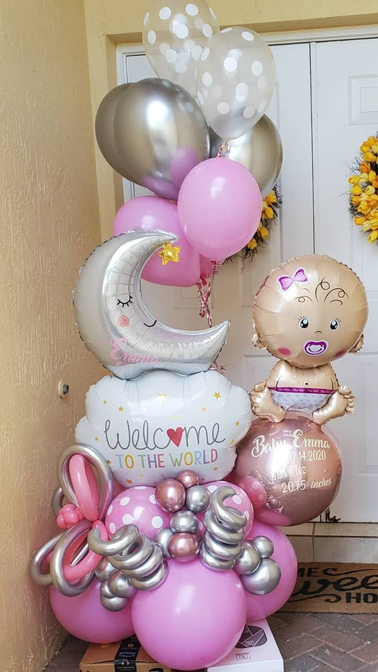 Platform Baby Shower Celebration Balloons Pink Silver Clear Balloons, Orbs with Customize Sticker, Baby, Cloud, Moon and Latex Helium Bunch – Customizable Design