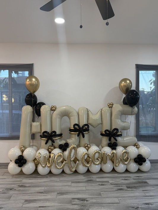 Platform Beige 'WELCOME HOME' with Latex Black Designed Ribbons, Beige and Light Gold – Customizable Design