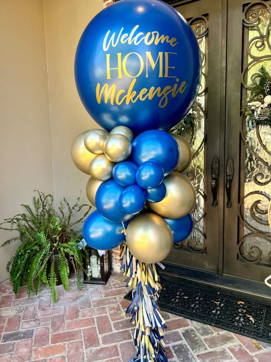 Personalised Pillar/Column/Tower Balloons Blue and Light Gold with Customize Sticker and Tassels - Birthday, Corporate Event, Grand Opening, Company Event Perfect for special occasion!