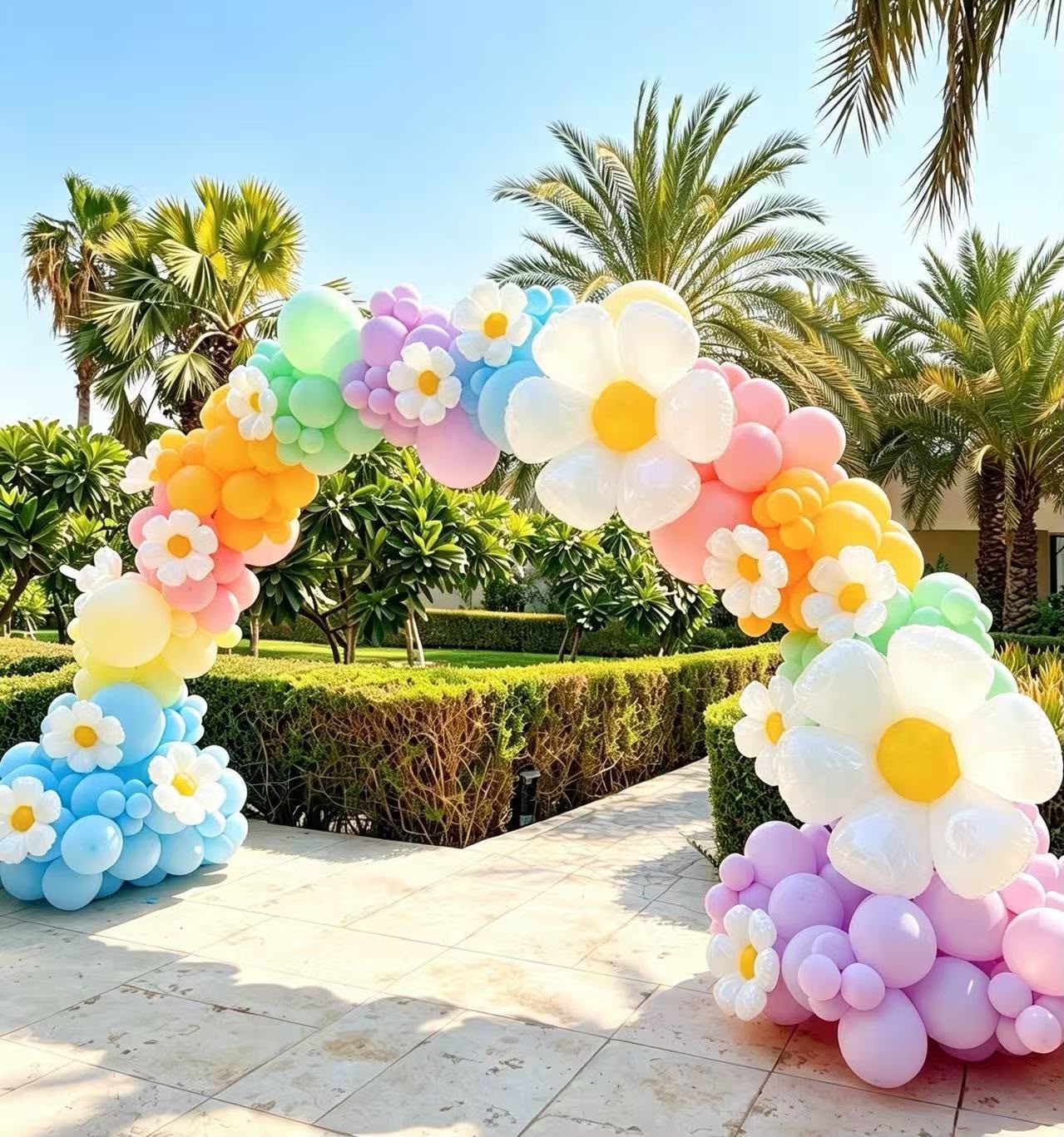 Balloon Arch Pastel Colors Pink, Yellow, Mint Green, Peach and Blue with Daisy Flower accents Organic Arrangement - Fairy-Themed Garden-Themed Perfect for special occasion!