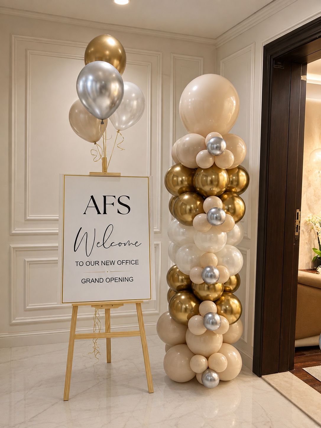 Pillar/Column/Tower Beige Light Gold White Silver & Welcome Board with Helium Balloons - Customizable Design Office Company Opening
