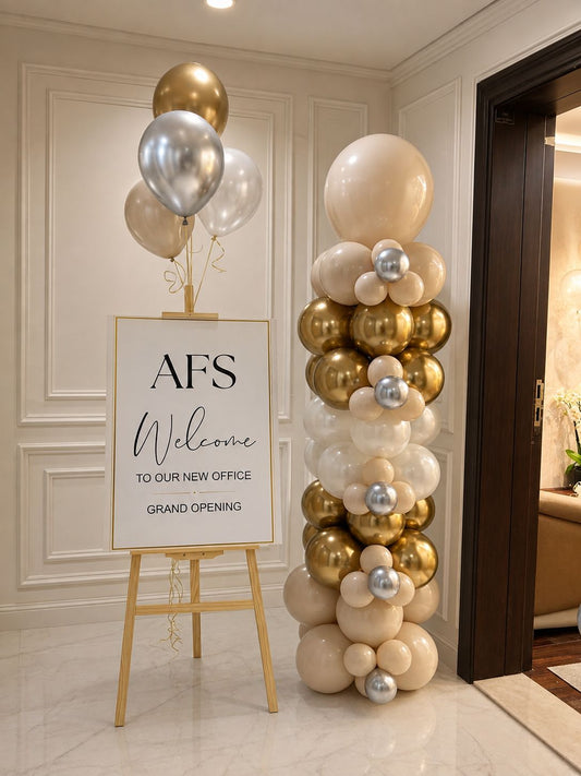 Pillar/Column/Tower Beige Light Gold White Silver & Welcome Board with Helium Balloons - Customizable Design Office Company Opening