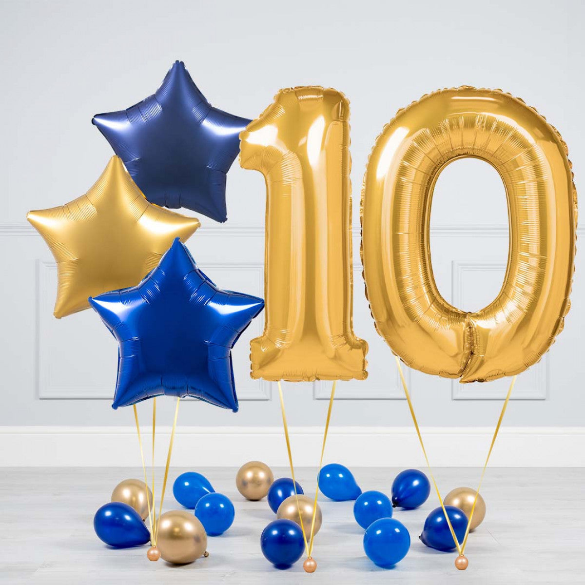 Helium Gold Two Number Set Balloon - Dark Blue, Blue and Gold Stars with Mini Balloons