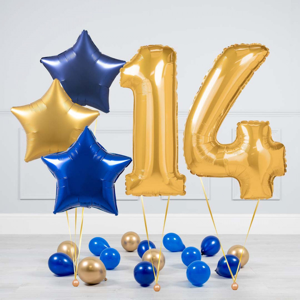 Helium Gold Two Number Set Balloon - Dark Blue, Blue and Gold Stars with Mini Balloons