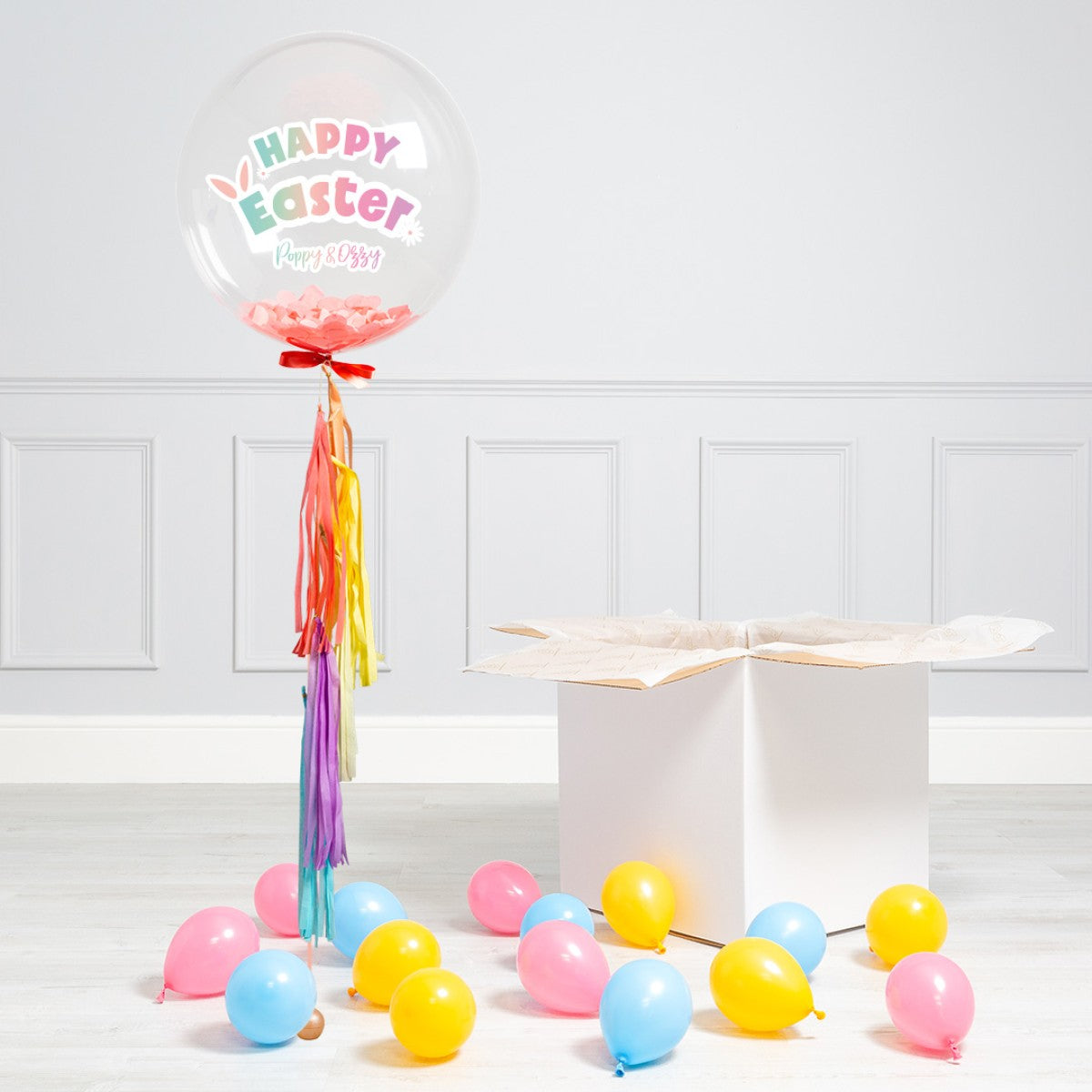 Personalised Helium Balloon Happy Easter Pastel Rainbow Ombre Confetti Helium Bubble Balloon Elevate Your Celebration with Our Stunning Helium Bubble Balloon Bouquet