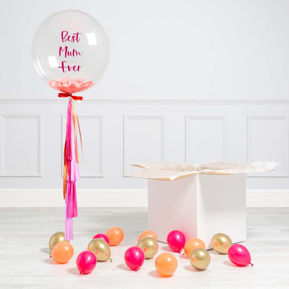 Personalised Helium Balloon Bright Pink Tassel Mother’s Day Best Mom Confetti Helium Bubble Balloon Elevate Your Celebration with Our Stunning Helium Bubble Balloon Bouquet