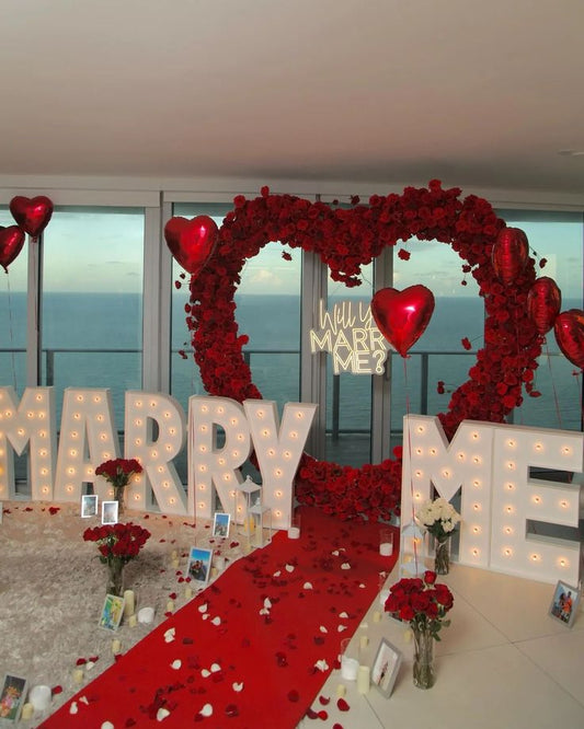 Artificial Flowers, Candles, Giant Red Heart Artificial Flower, LED Customize Acrylic 'Will You Marry Me', LED Marquee 'MARRY ME', Helium Red Hearts, Customize Photos and Red Carpet - Perfect for Proposal, Wedding, Anniversary special occasions!