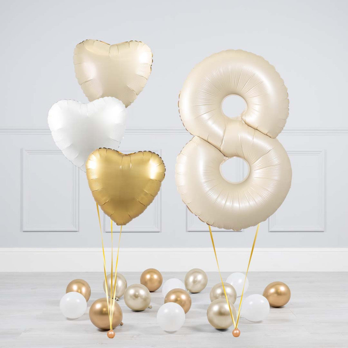 Helium Beige Single Number Set Balloon - Beige, White and Gold Hearts with Mini Balloons