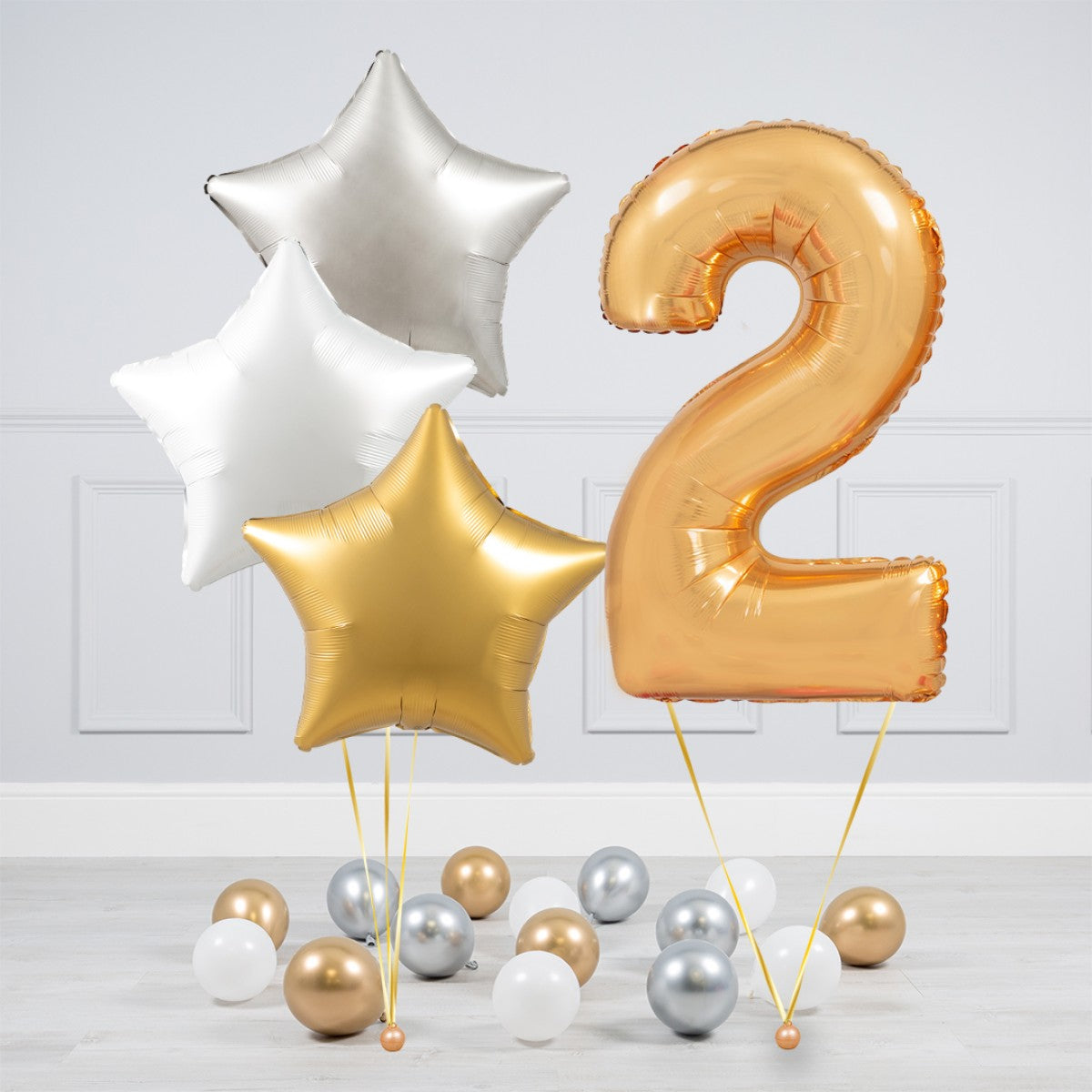 Helium Gold Single Number Set Balloon - Silver, White and Gold Stars with Mini Balloons