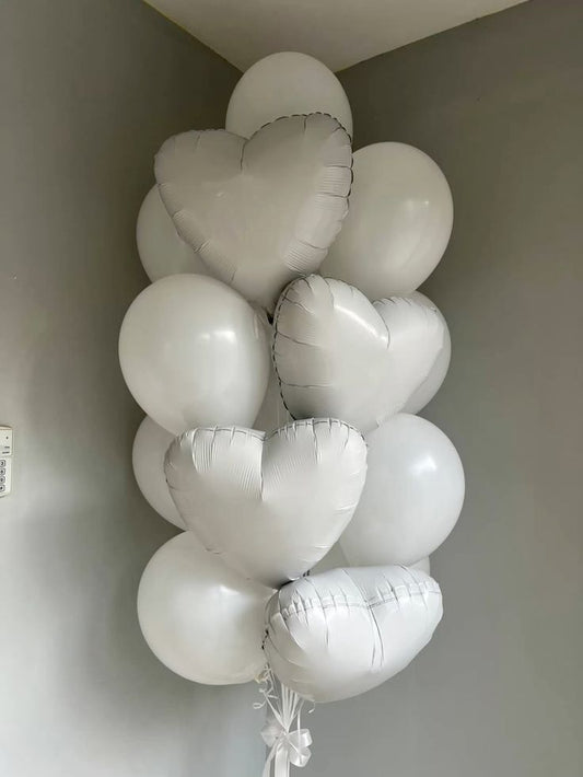 10pcs White Latex with 4pcs White Heart-Shaped Helium Foil Balloons Bunch with Bow Tie - Valentine's, Anniversary Perfect for special occasions!