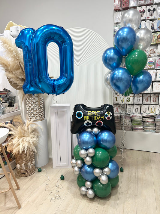 Helium Blue Number “10” with Latex Helium Bunch Blue Green Silver and Game Control “Epic Birthday” Balloon on Stand - Customizable Design