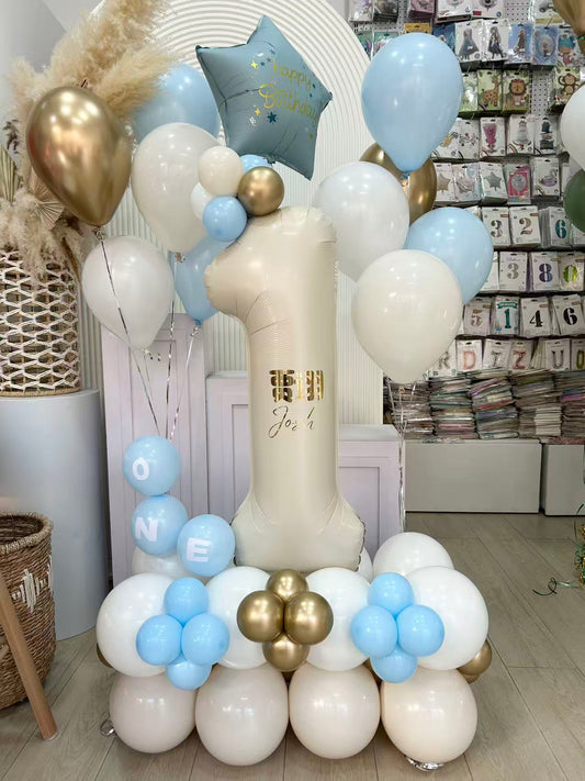 Platform Beige Number '1' with Latex Light Gold, Blue and White with Customize Sticker and Latex Helium Bunch – Customizable Design
