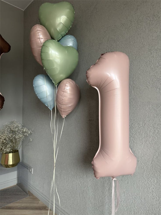 Helium Balloons Single Number Set Pink '1' and Heart-Shaped Foil Bunch Green, Blue and Pink - Perfect for any Occasions!