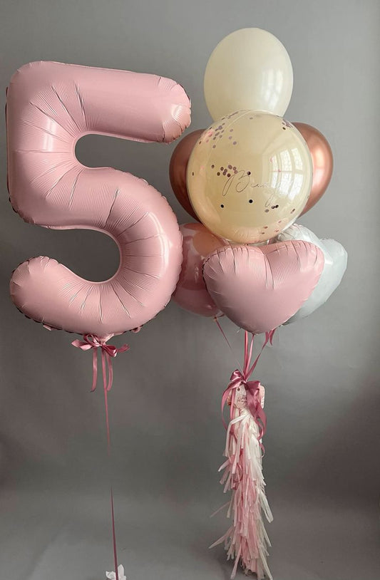 Helium Balloons Single Number Set Pink '5' and Personalised Clear with Yellow Latex with Customize Sticker, Latex Bunch Yellow, Rose Gold and Pink with Heart-Shaped Foil with Ribbons and Tassels - Customizable for Any Celebration
