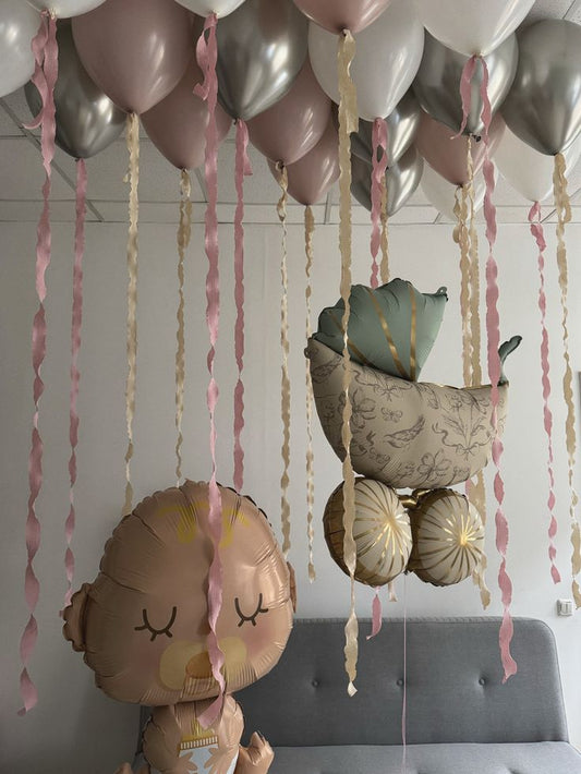 Baby Shower Stroller Green Pink and Gold Big Ribbon Bear Helium Foil Balloon Personalised Baby Pink  Hospital Welcome Home