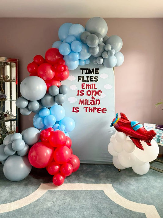 Customize Board Backdrop with Balloon White, Gray, Blue and Red with Plane Foil accents Aircraft-Themed Decor – Soar Into Celebration!
