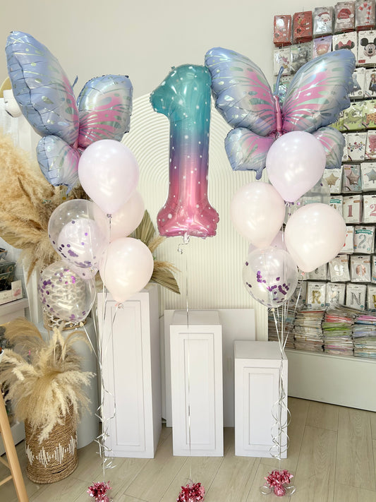 One Number Set Helium ‘1’ with Latex Helium Bunch Purple Pink Clear with Confetti Butterfly - Customizable Design