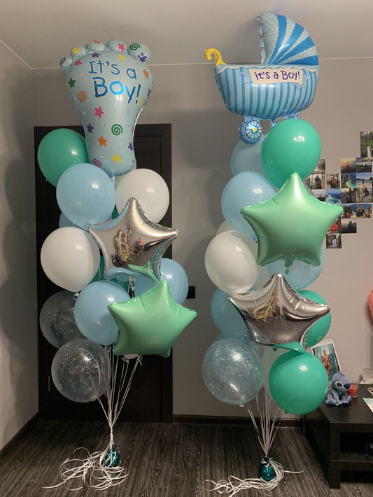 Bunch Helium Balloon Green and Silver Star, Baby Feet 'It's a boy', Stroller with Latex White, Blue and Clear with Confetti - Baby Shower, Gender Reveal Perfect for Special Occasions!
