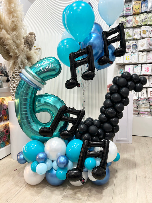 Platform Number ‘6’ Teal with Customized Sticker Balloons Chrome Blue Teal Pearl White Black with Customize Music Note and Latex Helium Bunch - Customizable Design