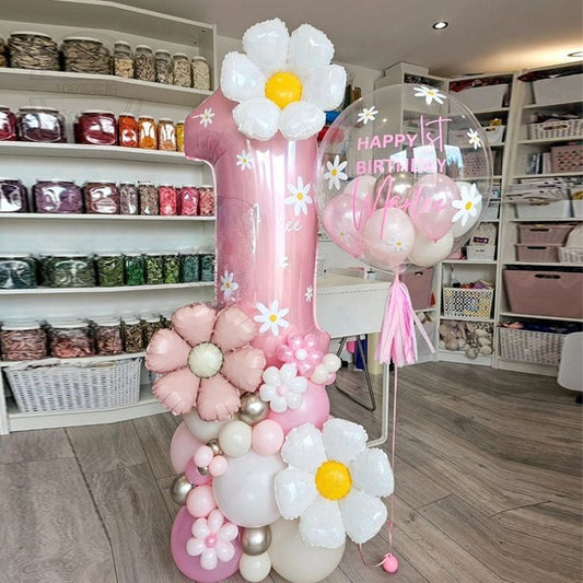 Platform Pink Number '1' with Flowers, Latex Pink and Beige, Personilised Clear with Mini Latex and Customize Sticker - Fairy-Themed Garden-Themed Perfect for any Occasions