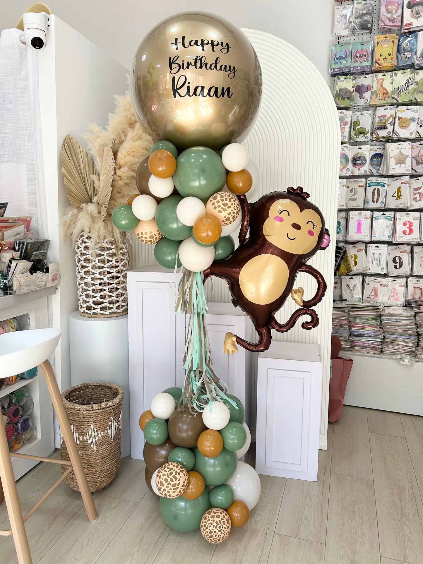 Pillar/Column/Tower White Light Gold Olive Green Monkey Animal Printed Balloons with Customize Sticker Tassels - Animal-Themed Jungle-Themed Safari Customizable Design