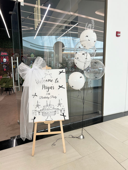 Customizable KT Board with Customize Ribbon and Wooden Stand Welcome Board and Helium Clear Balloon Bunch with Black Ribbon accents - Perfect for any occasions!