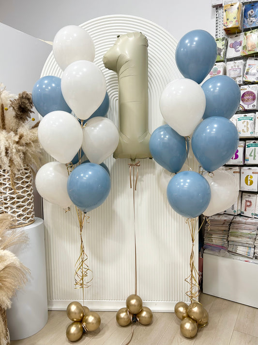 Helium Balloons Single Number Set Beige ‘1’ with Latex Bunch Blue and White - Customizable for Any Celebration